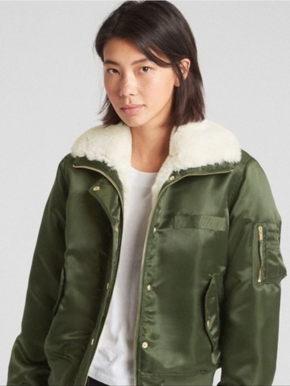 GAP Olive Green Satin Bomber Jacket with Faux Fur Collar Size Medium